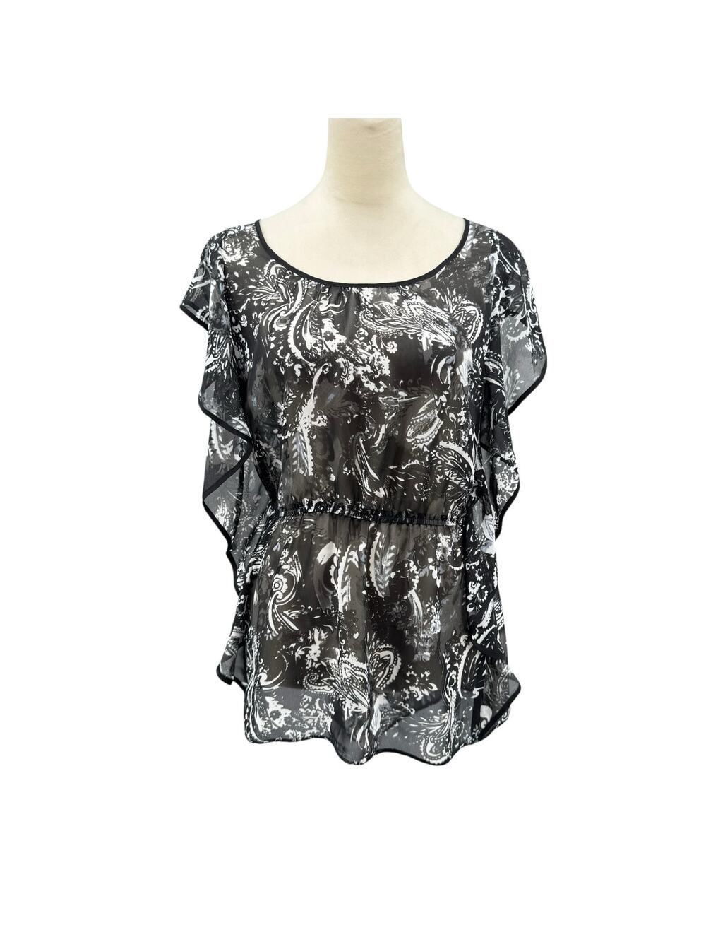 Lane Bryant Black & White Mixed Paisley Print Ruffle Sleeve Sheer Chiffon Blouse